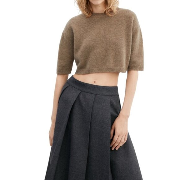 Mango Brown Cashmere Cropped Crewneck Short Sleeve Sweater Medium Minimalist - Picture 11 of 11